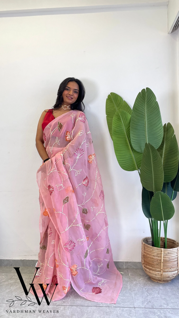 Heavenly Charm - Cloud Chiffon Ready to Wear Saree with Gottapati Work and Matching Silk Blouse
