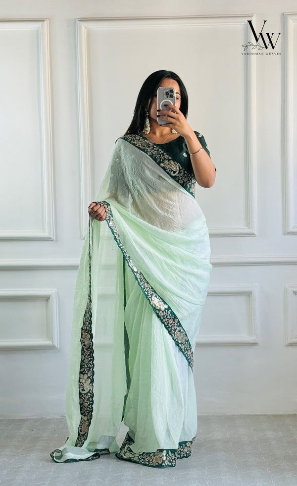 Aadhira Ethereal Elegance: Crunchy Space Silk Ready to Wear Saree with Hand Embroidery