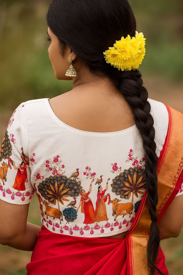 Kalamkari Artistry: Printed Blouse with Handwork Details