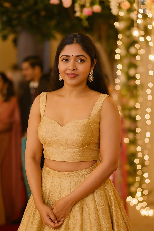 Regal Bloom - Golden Gotta Sleeveless Blouse with Flower Emboss