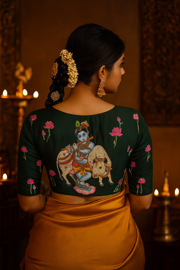 Spiritual Beauty: Krishna Printed Blouse with Intricate Handwork