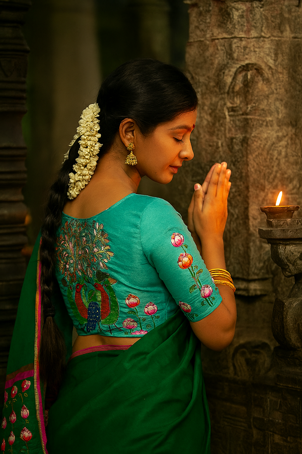 Oceanic Charm: Kalamkari Printed Sea Green Blouse