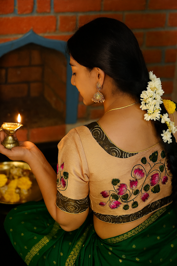 Chikoo Colour Blouse with Beautiful Pink Flower Prints & Handwork
