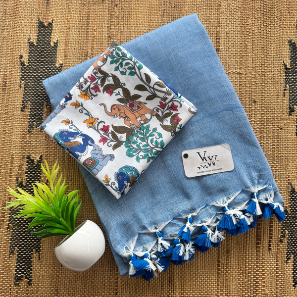 Cotton Saree with Tassels & Contrasting Printed Blouse