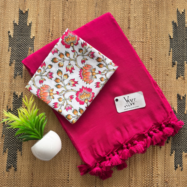 Cotton Saree with Tassels & Contrasting Printed Blouse