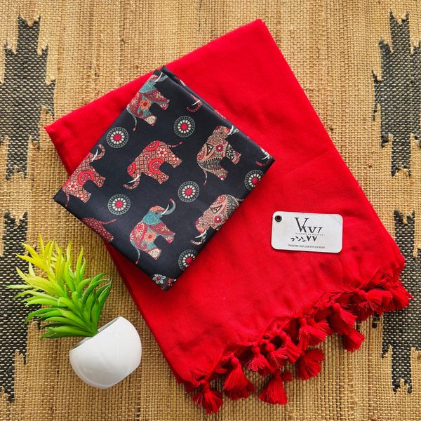 Elegant Cotton Saree with Tassels & Printed Blouse