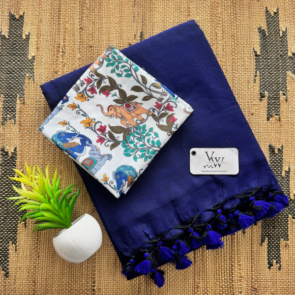 Cotton Saree with Handloom Tassels & Vibrant Multicolor Printed Blouse