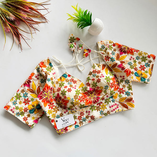 Designer Pure Chinnon Printed Fabric & Multi-Threadwork Blouse