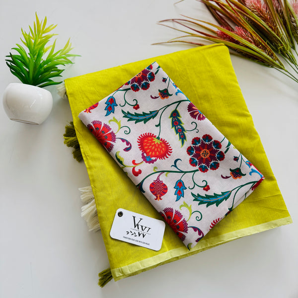 Blooming Style: Cotton Saree with Printed Blouse