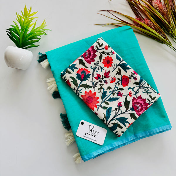 Blooming Style: Cotton Saree with Printed Blouse