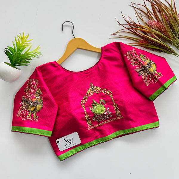 Vibrant Peacock Print Blouse with Hand Embroidery