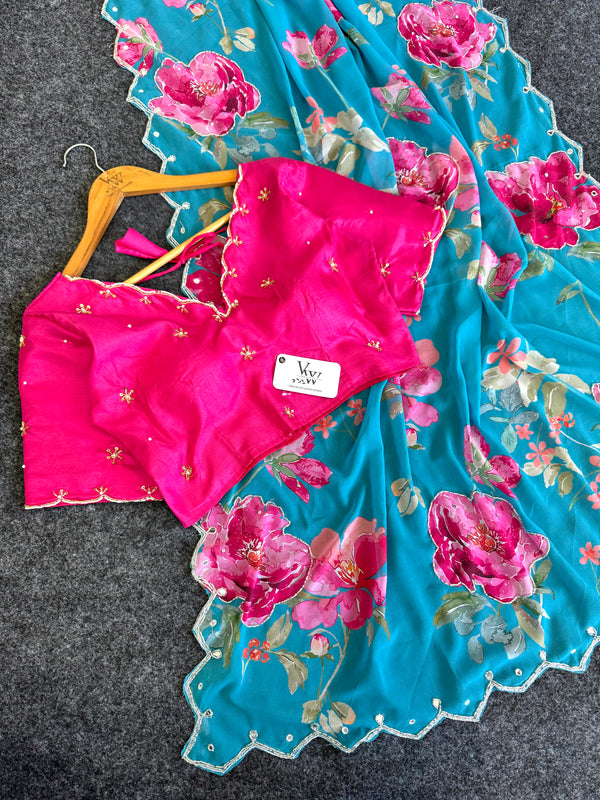 Piyu Elegant Tradition - Printed Handwork Saree with Handwork Blouse
