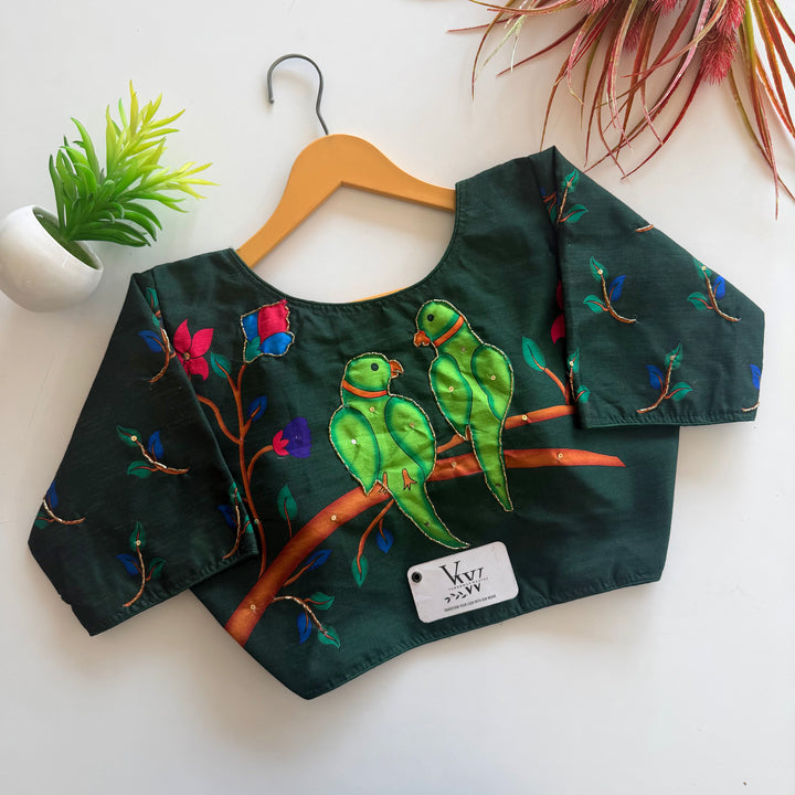 Whispers of Love: Parrot Pair Printed Handwork Blouse – vardhman weaves