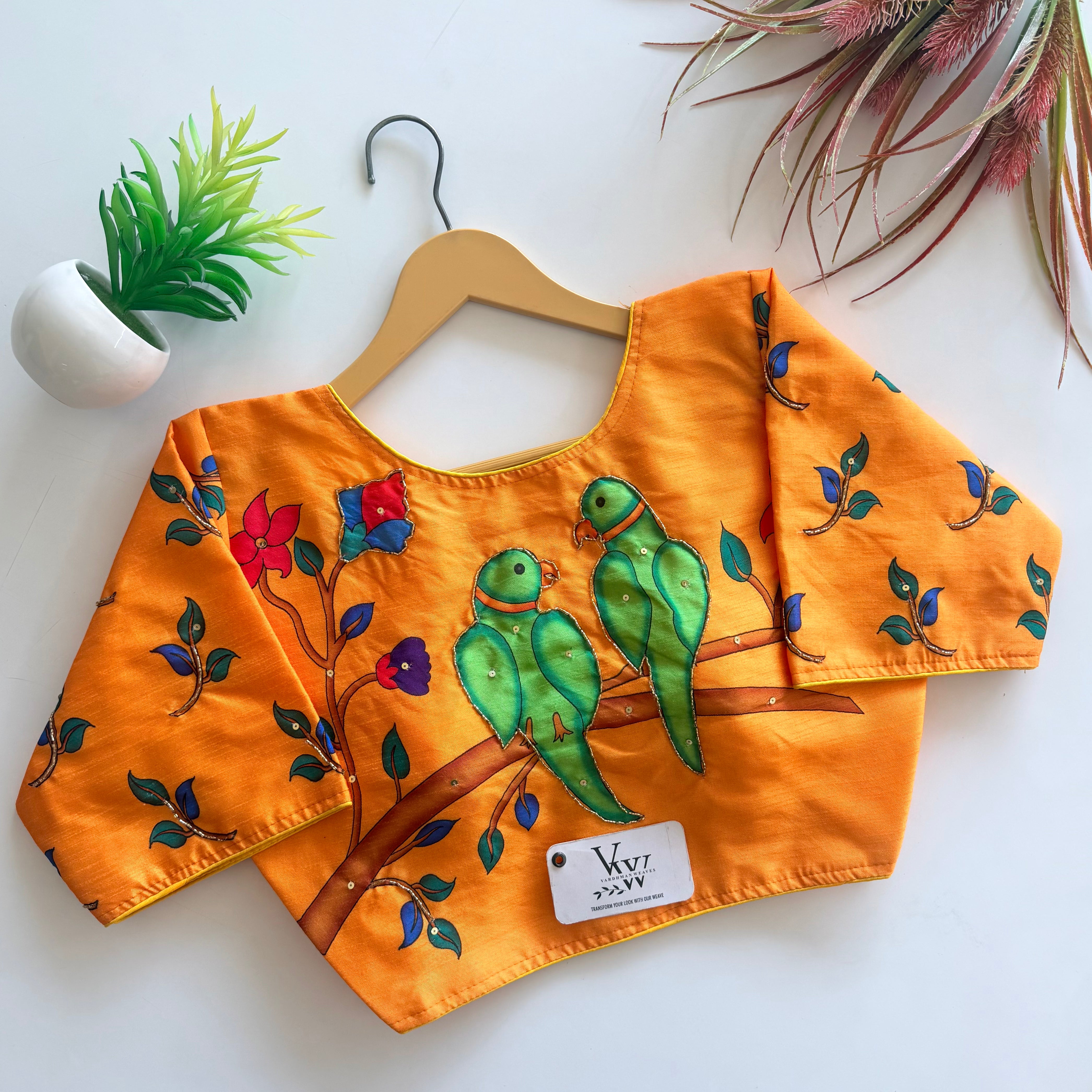 Whispers of Love: Parrot Pair Printed Handwork Blouse – vardhman weaves